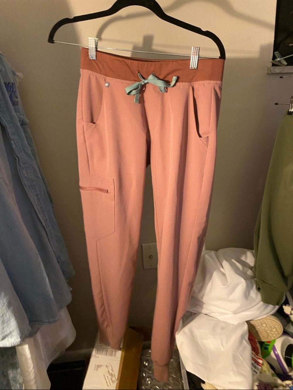 Figs Women's Dusty Rose Track Pants with Rust Waistband